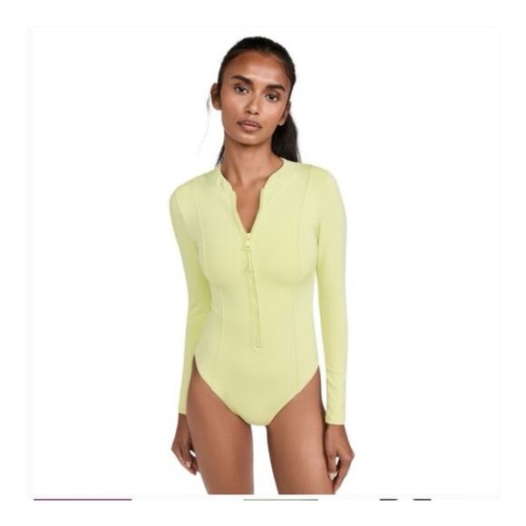 Good American | Compression Long Sleeve Scuba Zip Front Swimsuit Lime Green 0 XS - Picture 1 of 9